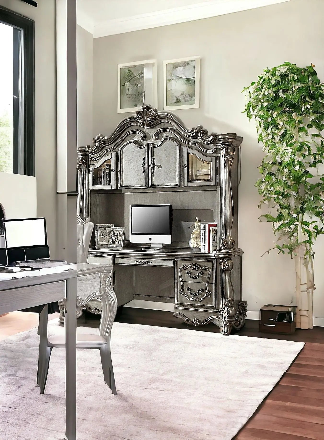 76" Platinum Solid Wood Peninsula Wall Mounted Computer Desk With Four Cabinets Five Drawers Homeroots Office