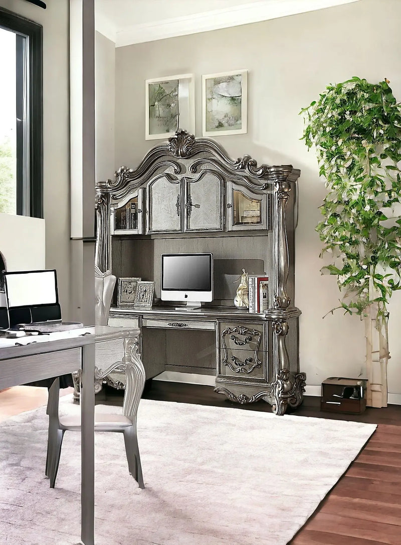 76" Platinum Solid Wood Peninsula Wall Mounted Computer Desk With Four Cabinets Five Drawers Homeroots Office