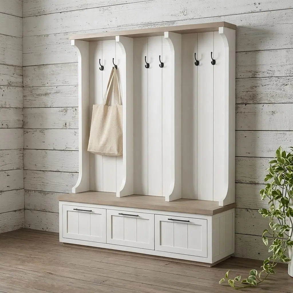 76" White Solid Wood Six Hook Freestanding Coat Rack Homeroots Organization