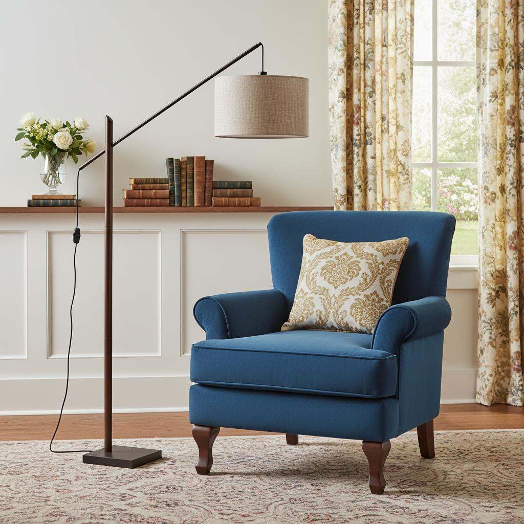 77" Beige And Black Swing Arm Floor Lamp With Beige Fabric Drum Shade - GreatEagleInc