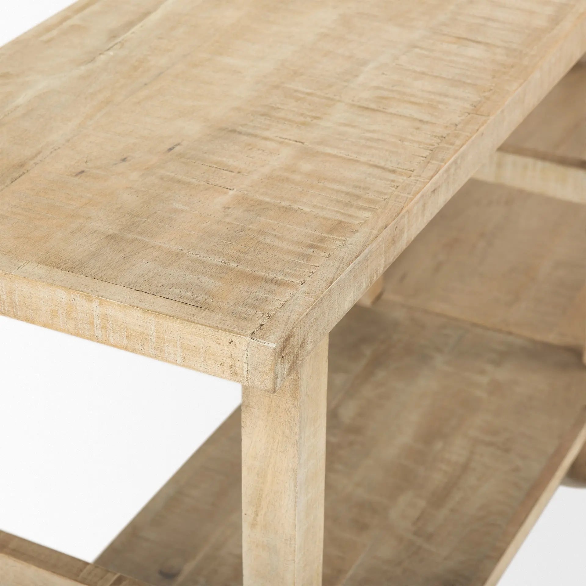 77" Natural Solid Wood Distressed Six Leg Console Table With Shelf Homeroots Living Room