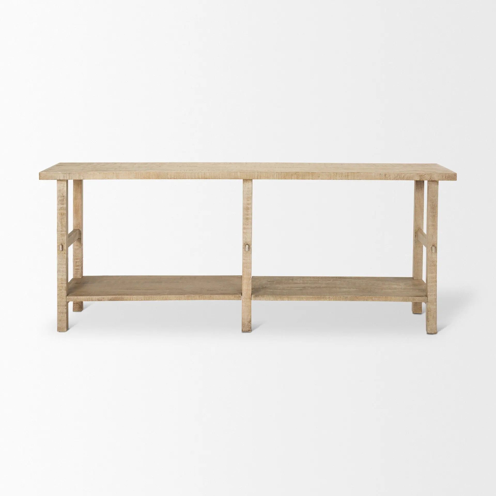 77" Natural Solid Wood Distressed Six Leg Console Table With Shelf Homeroots Living Room