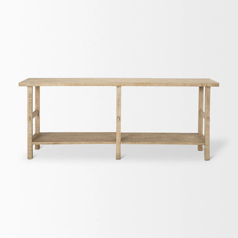 77" Natural Solid Wood Distressed Six Leg Console Table With Shelf Homeroots Living Room