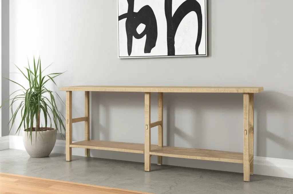 77" Natural Solid Wood Distressed Six Leg Console Table With Shelf Homeroots Living Room