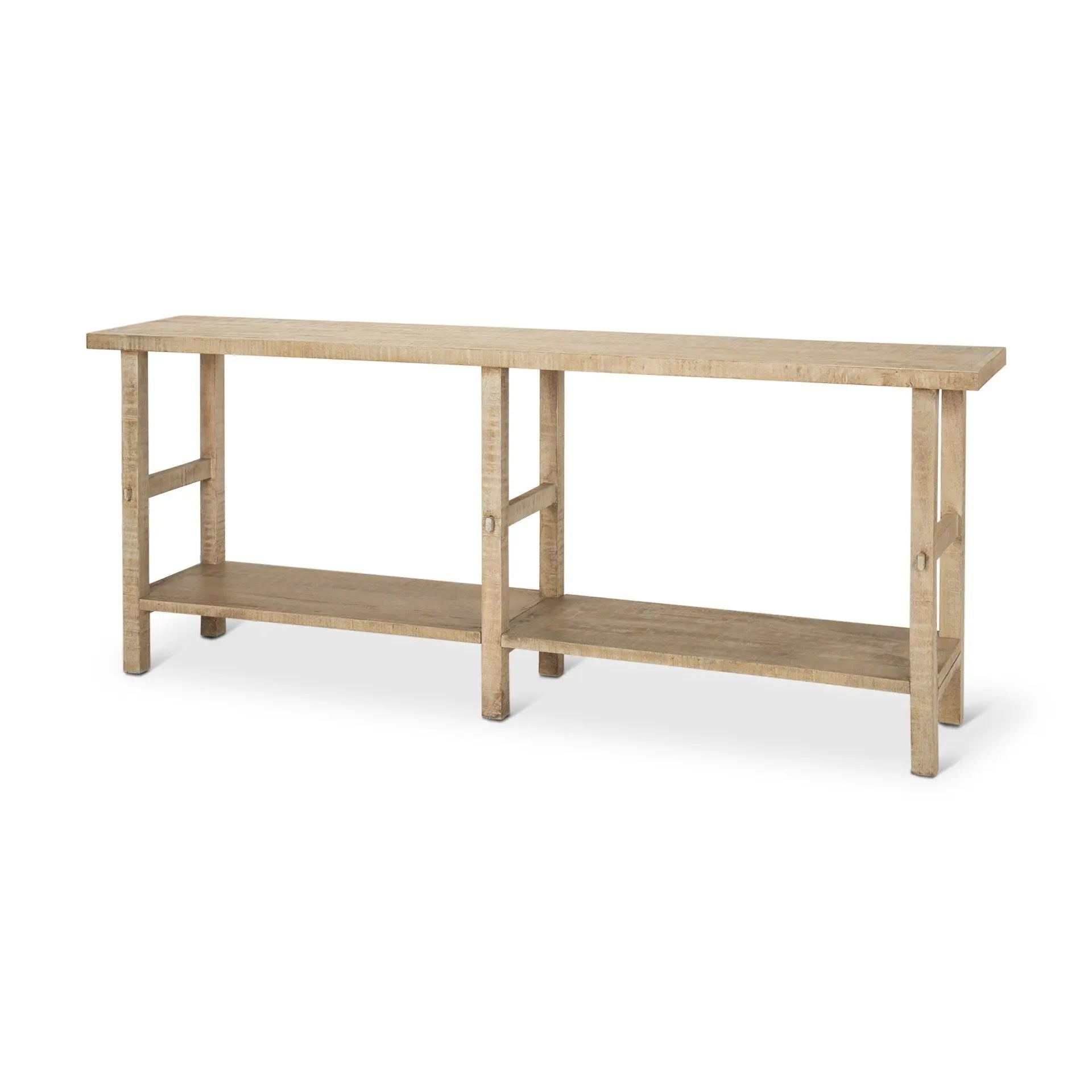 77" Natural Solid Wood Distressed Six Leg Console Table With Shelf Homeroots Living Room
