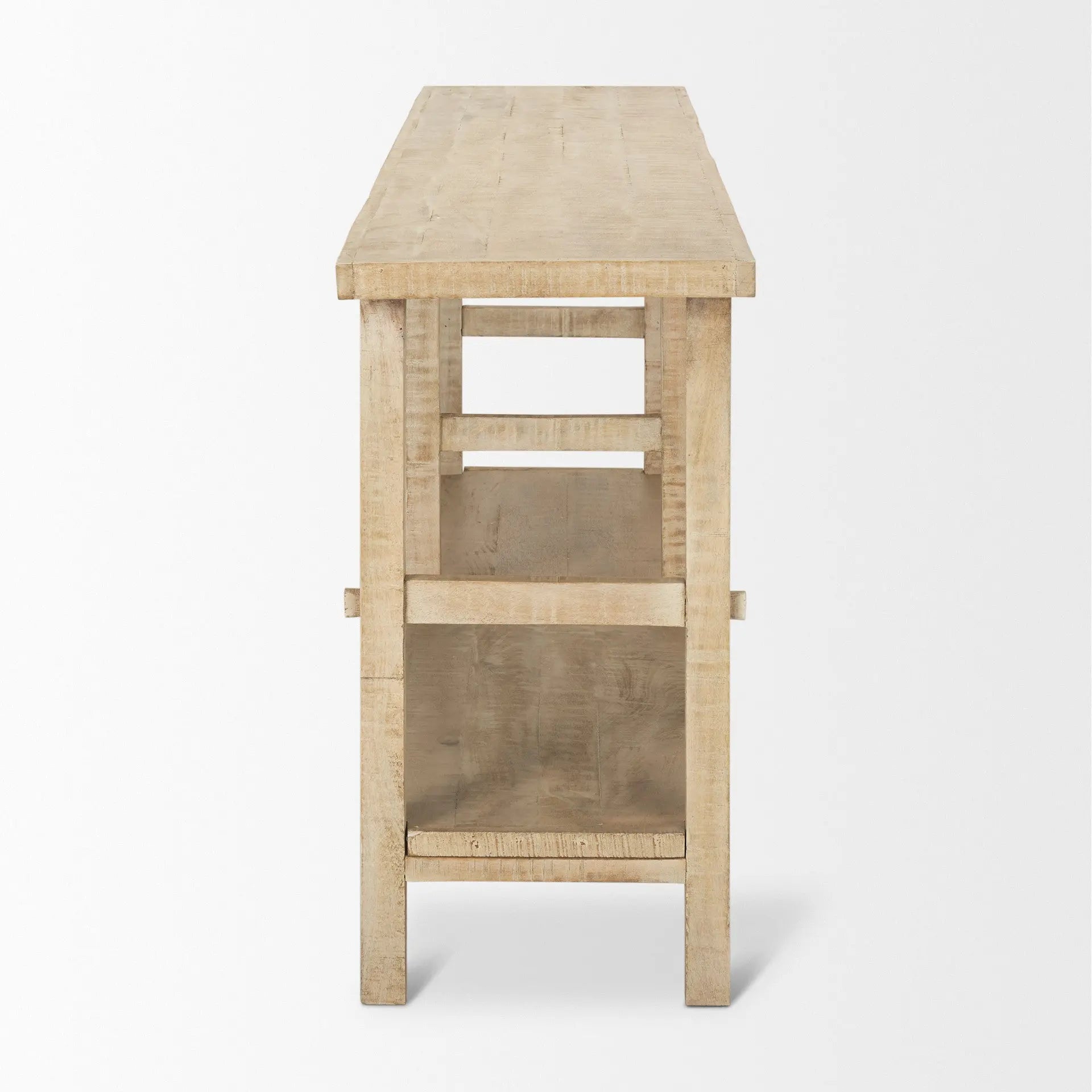 77" Natural Solid Wood Distressed Six Leg Console Table With Shelf Homeroots Living Room