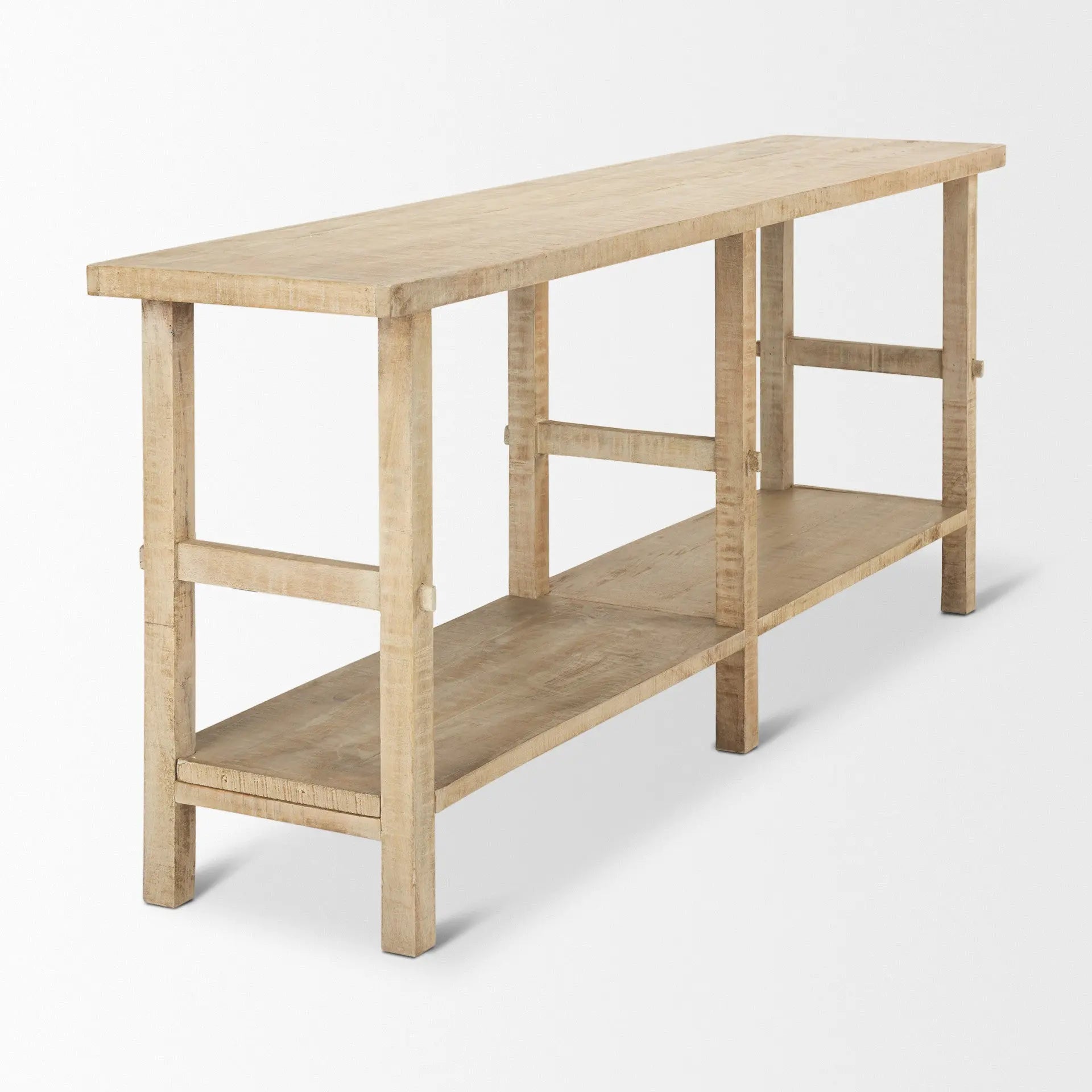 77" Natural Solid Wood Distressed Six Leg Console Table With Shelf Homeroots Living Room