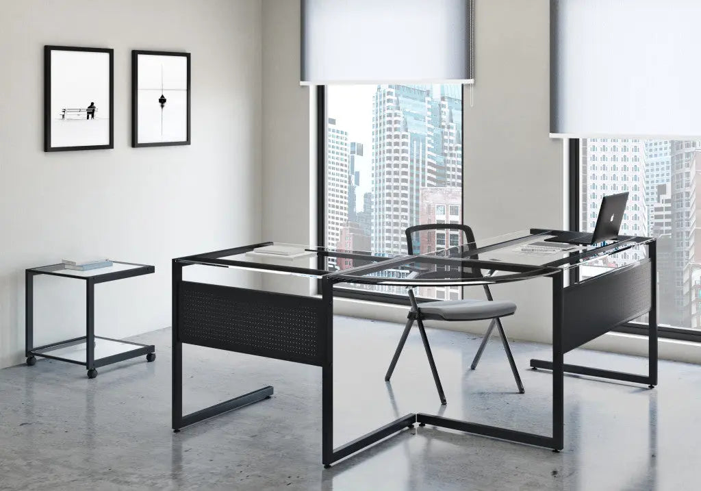 78" Clear and Black Glass and Stainless Steel Corner Computer Desk Homeroots Office