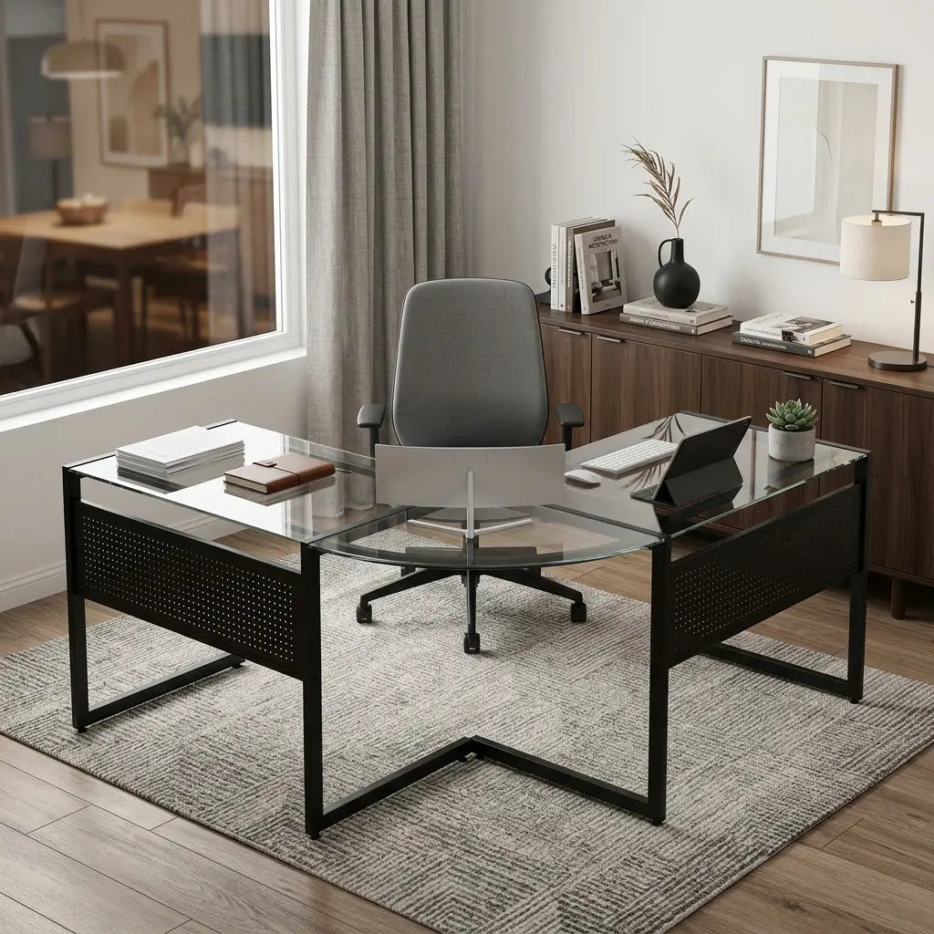 78" Clear and Black Glass and Stainless Steel Corner Computer Desk Homeroots Office