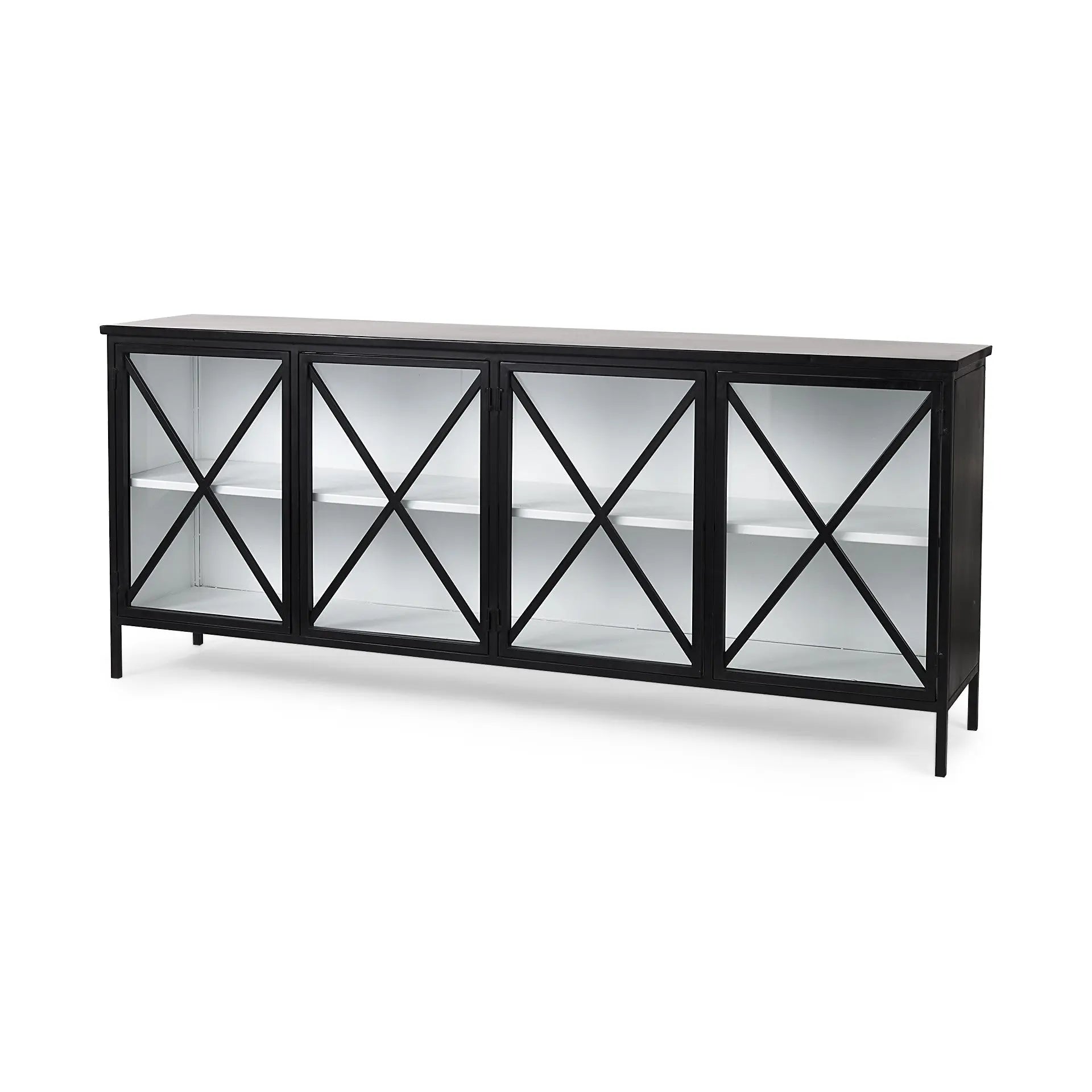79" Black And White Iron Sideboard Soft Close with Four Glass Doors Homeroots Kitchen & Dining