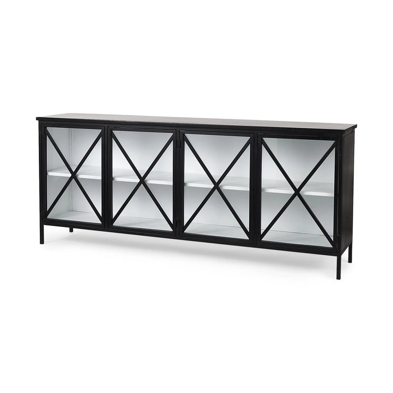 79" Black And White Iron Sideboard Soft Close with Four Glass Doors Homeroots Kitchen & Dining