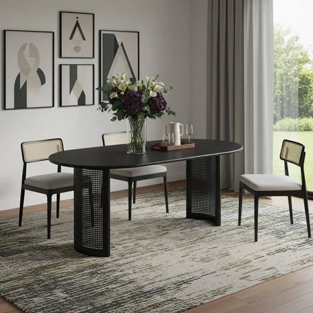 79" Black Solid Wood With Rattan Double Pedestal Base Oval Dining Table Homeroots Kitchen & Dining