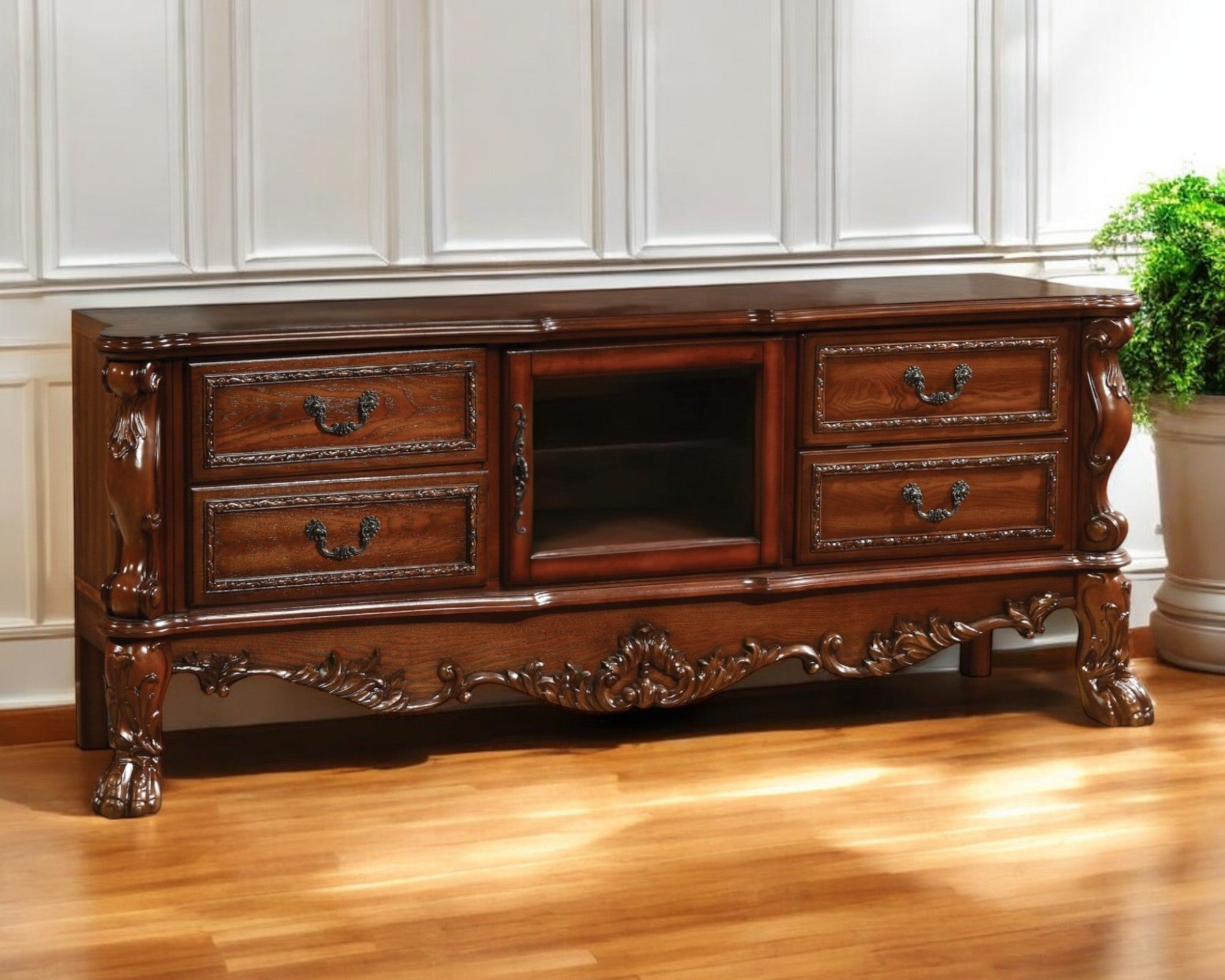 79" Brown Carved Scrollwork Wood And Glass Entertainment Center - GreatEagleInc