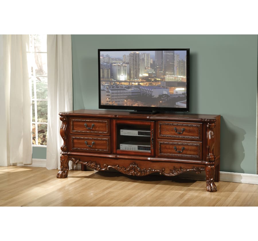 79" Brown Carved Scrollwork Wood And Glass Entertainment Center - GreatEagleInc