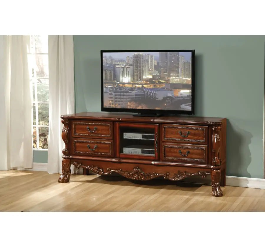79" Brown Carved Scrollwork Wood And Glass Entertainment Center - GreatEagleInc