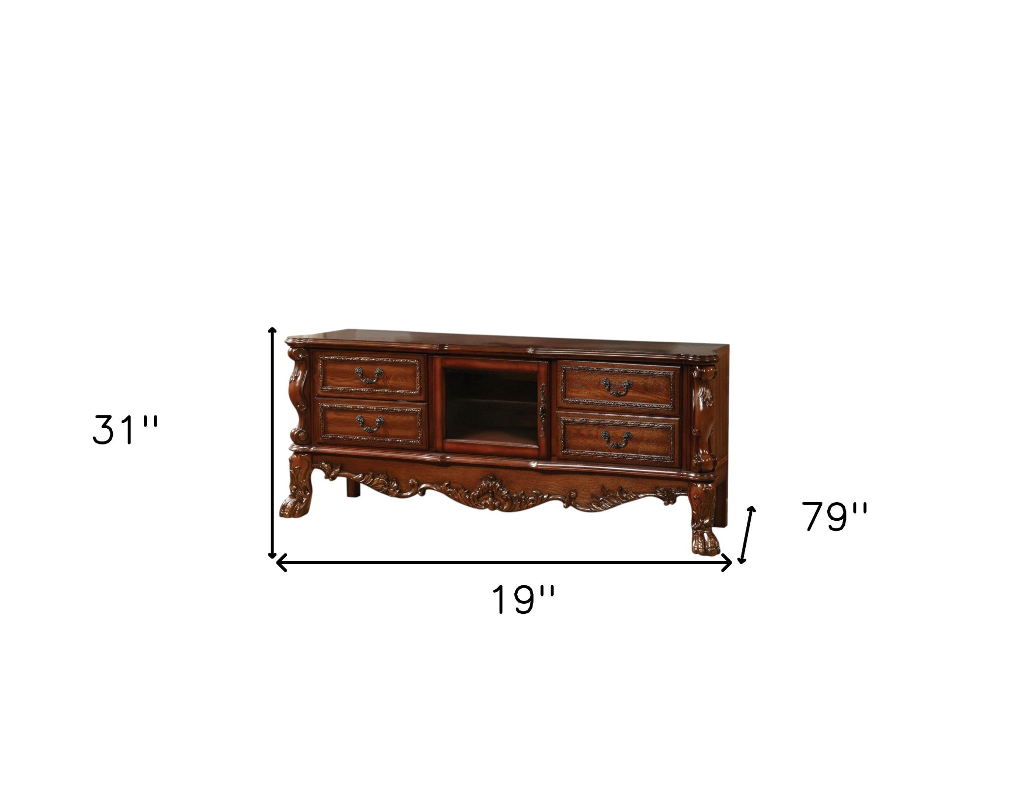 79" Brown Carved Scrollwork Wood And Glass Entertainment Center - GreatEagleInc