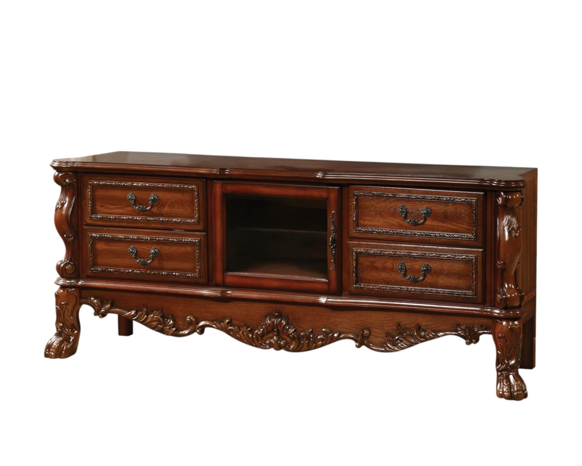 79" Brown Carved Scrollwork Wood And Glass Entertainment Center - GreatEagleInc