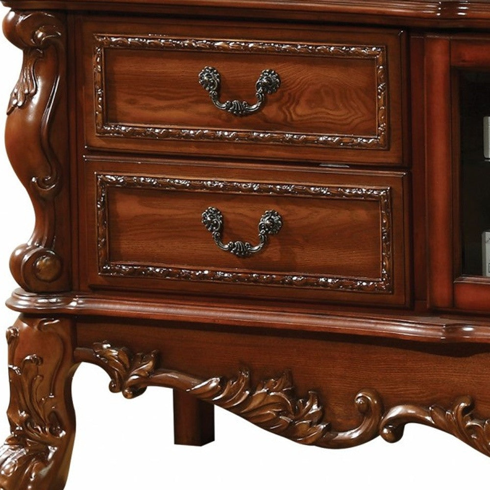 79" Brown Carved Scrollwork Wood And Glass Entertainment Center - GreatEagleInc