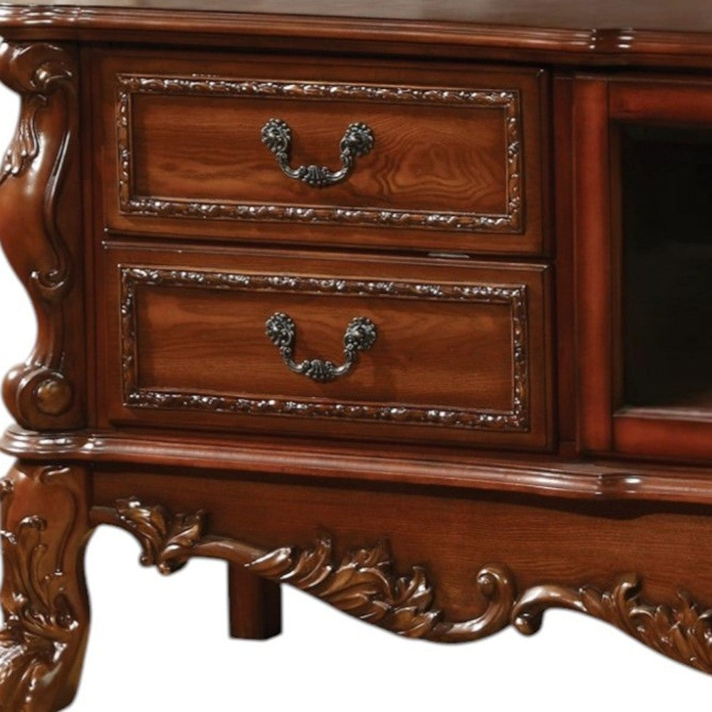 79" Brown Carved Scrollwork Wood And Glass Entertainment Center - GreatEagleInc
