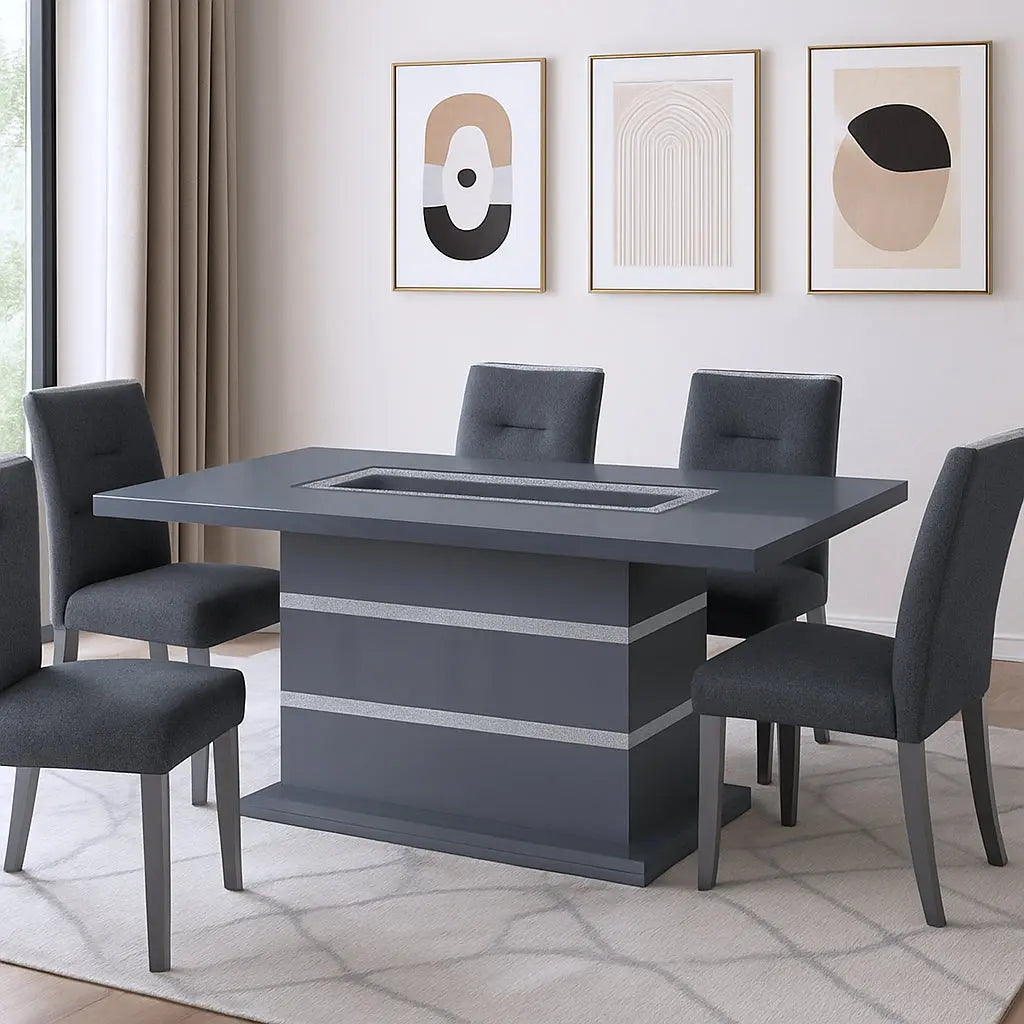 79" Dark Gray Faux Crystals Glass and Wood Pedestal Base Dining Table Homeroots Kitchen & Dining