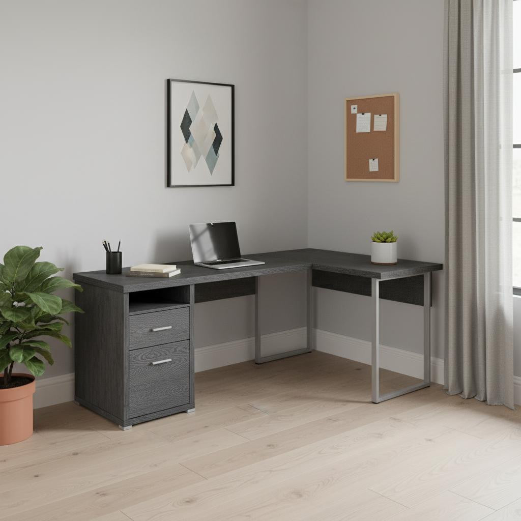 47" Gray and Silver L Shape Computer Desk With Two Drawers - GreatEagleInc