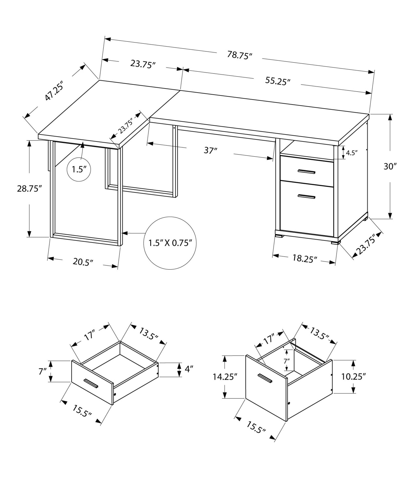 47" Gray and Silver L Shape Computer Desk With Two Drawers - GreatEagleInc
