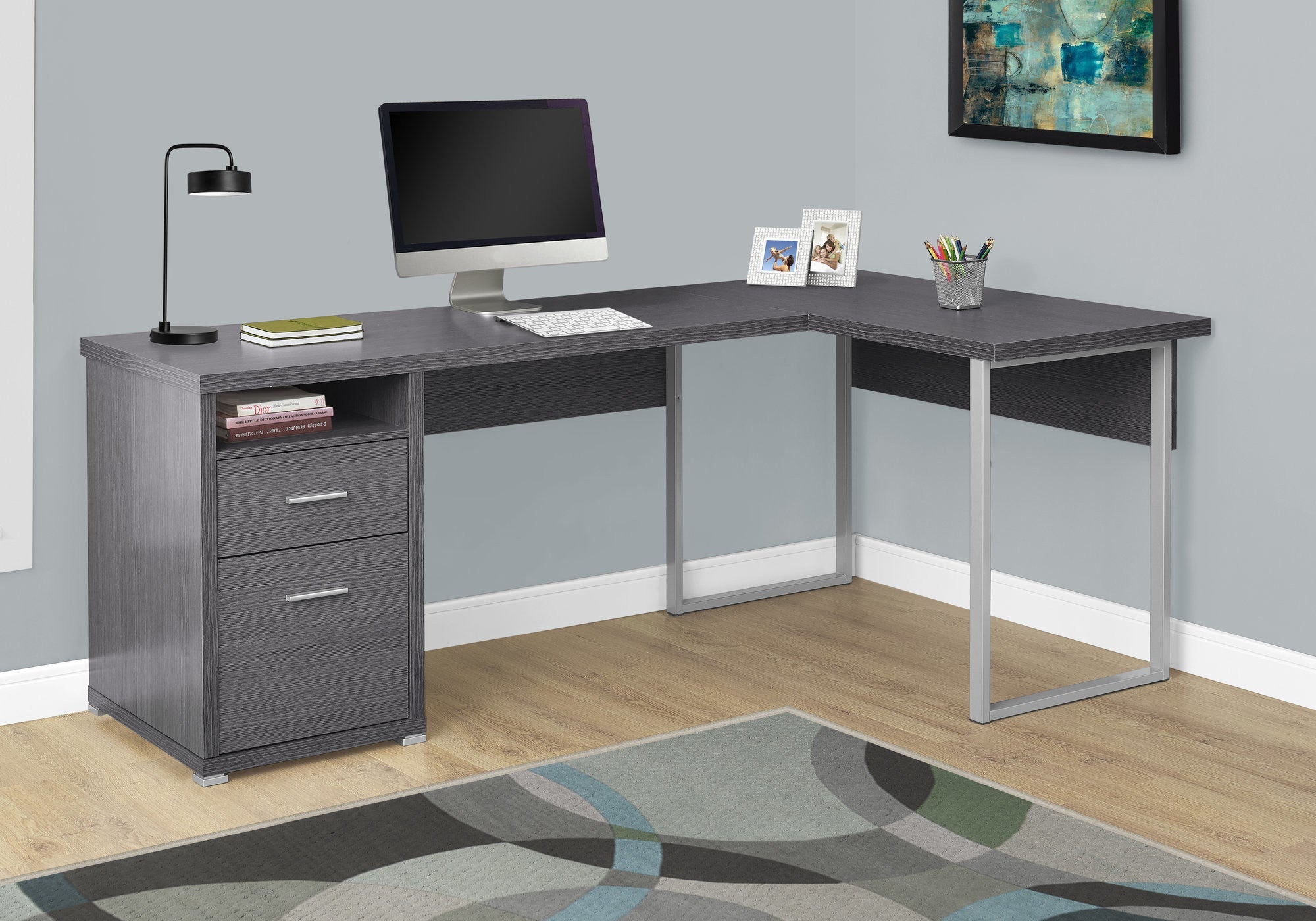 47" Gray and Silver L Shape Computer Desk With Two Drawers - GreatEagleInc