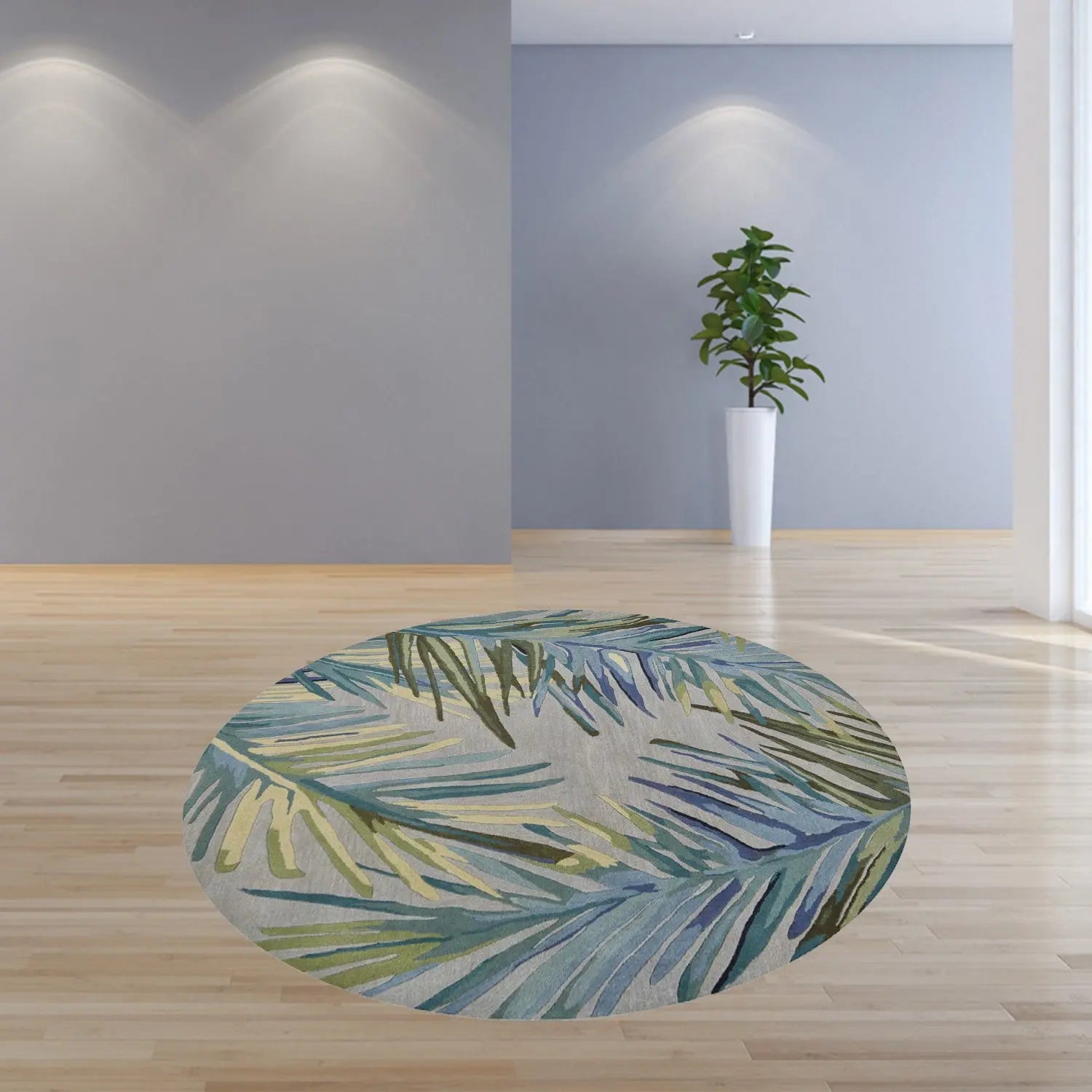 7' Blue And Gray Wool Tropical Botanical Hand Tufted Round Rug Homeroots Home Decor