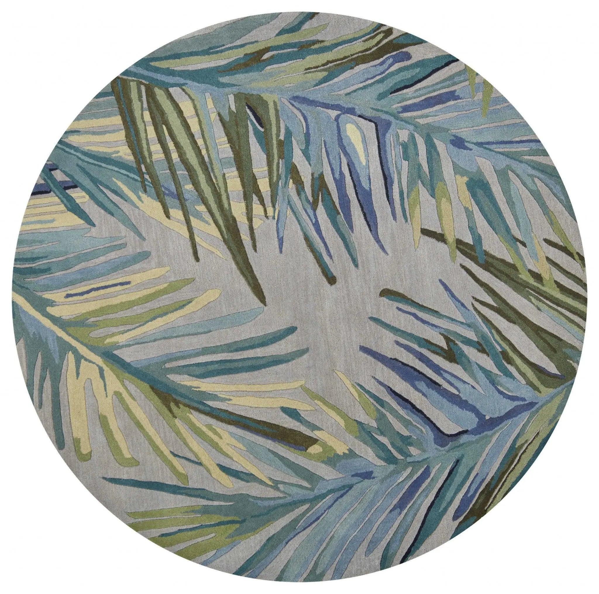 7' Blue And Gray Wool Tropical Botanical Hand Tufted Round Rug Homeroots Home Decor