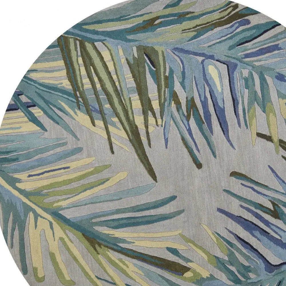 7' Blue And Gray Wool Tropical Botanical Hand Tufted Round Rug Homeroots Home Decor
