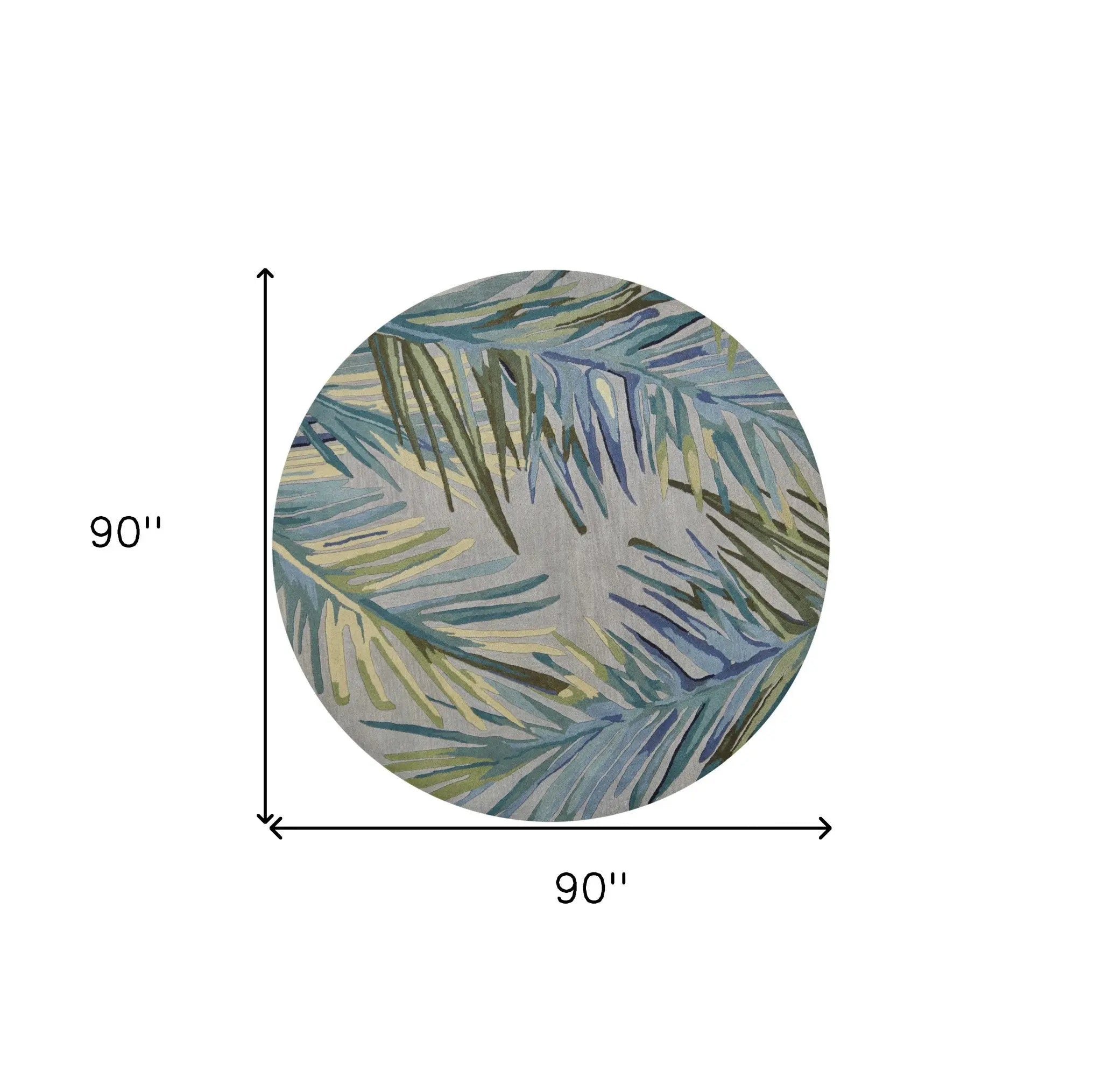 7' Blue And Gray Wool Tropical Botanical Hand Tufted Round Rug Homeroots Home Decor