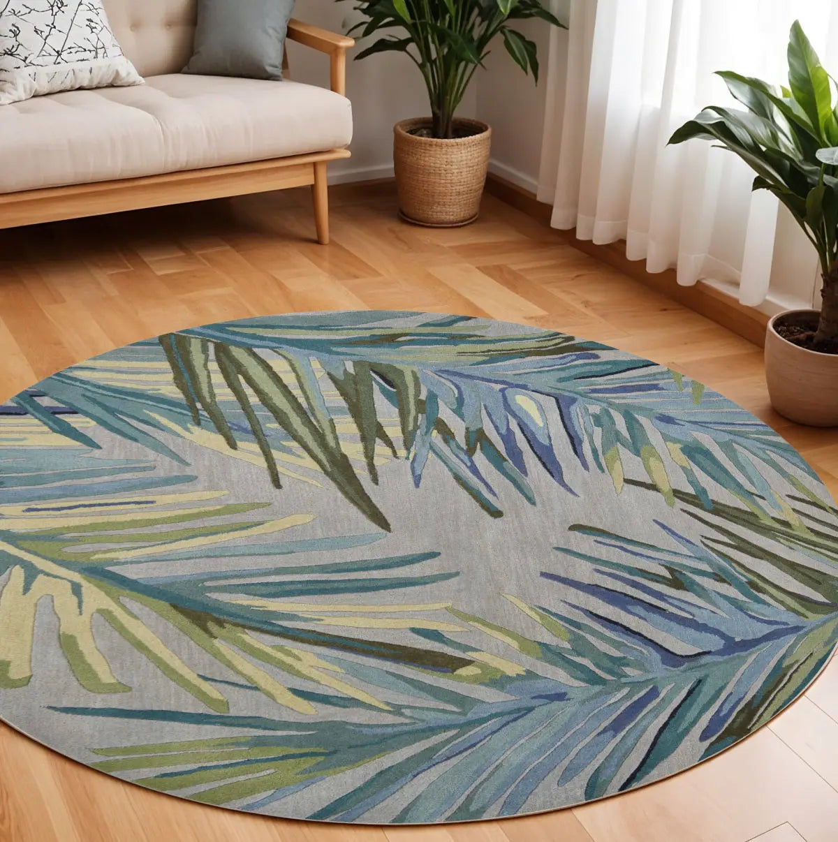 7' Blue And Gray Wool Tropical Botanical Hand Tufted Round Rug Homeroots Home Decor