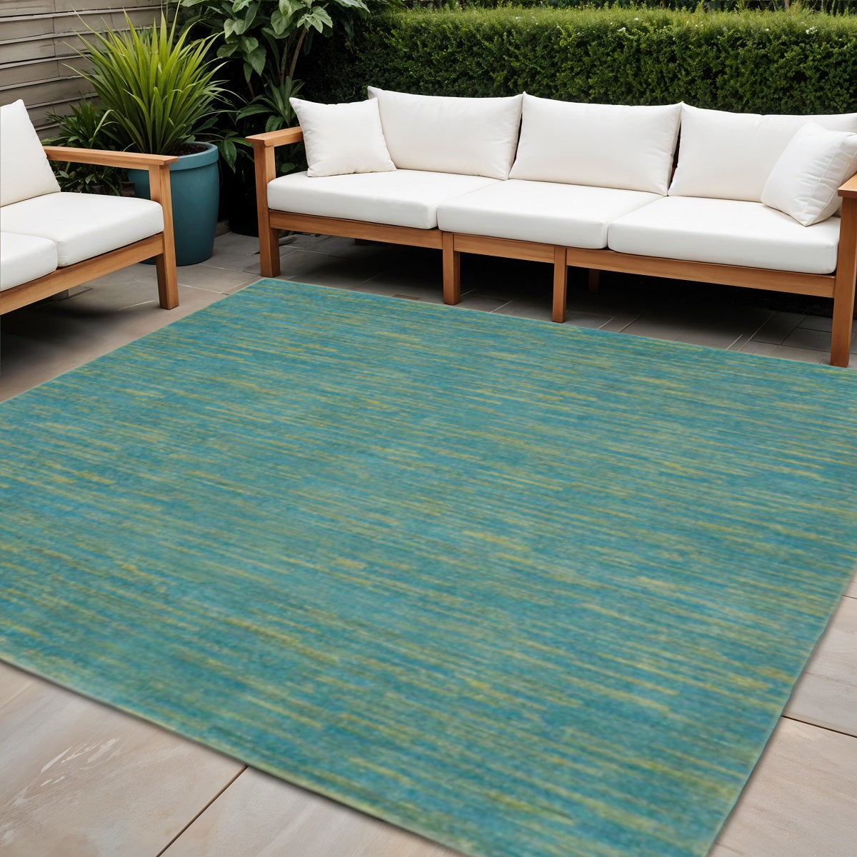 7' Blue And Green Square Indoor Outdoor Area Rug - GreatEagleInc