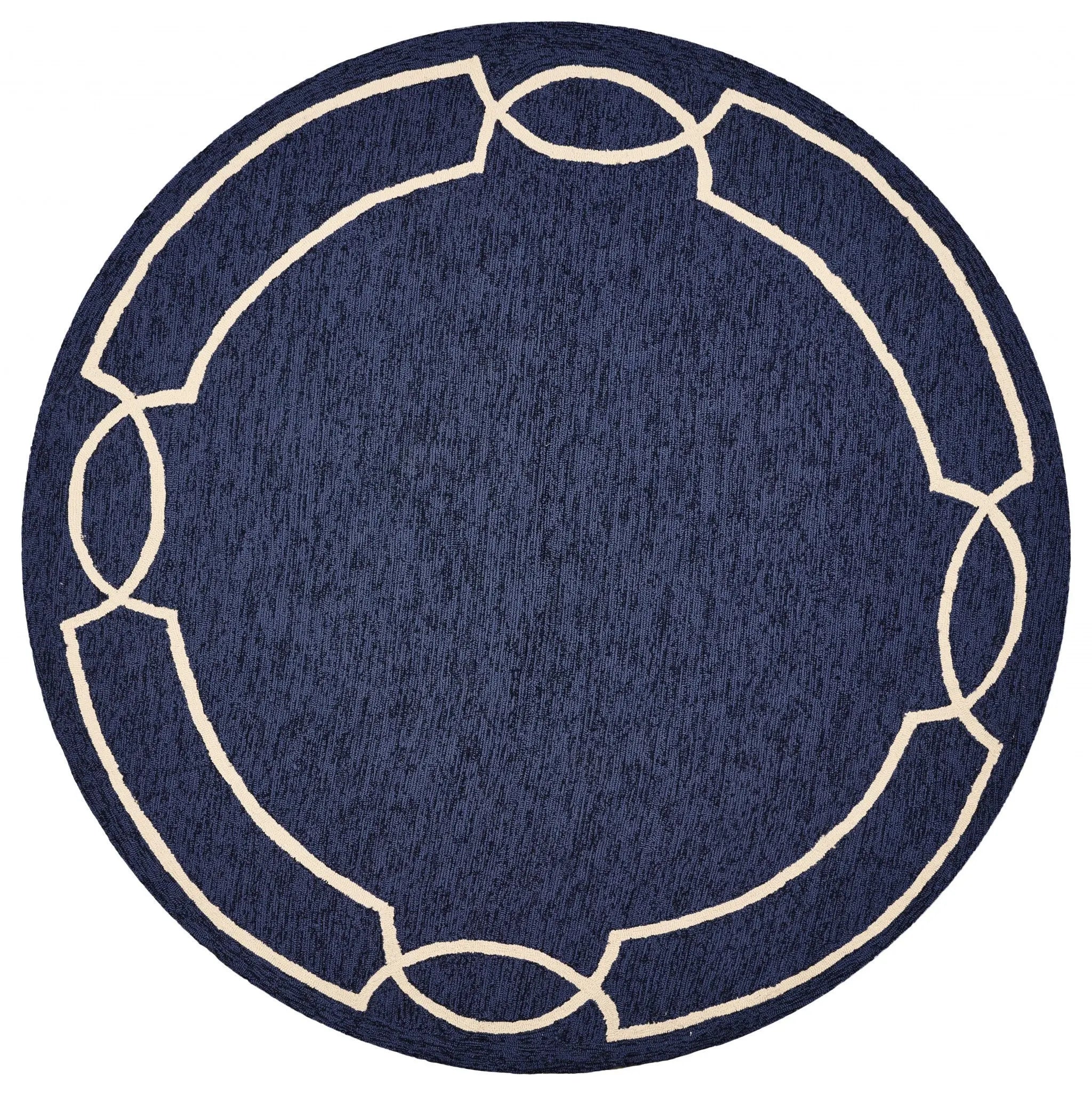 7' Blue And Ivory Round Geometric Handmade Indoor Outdoor Area Rug Homeroots Outdoor