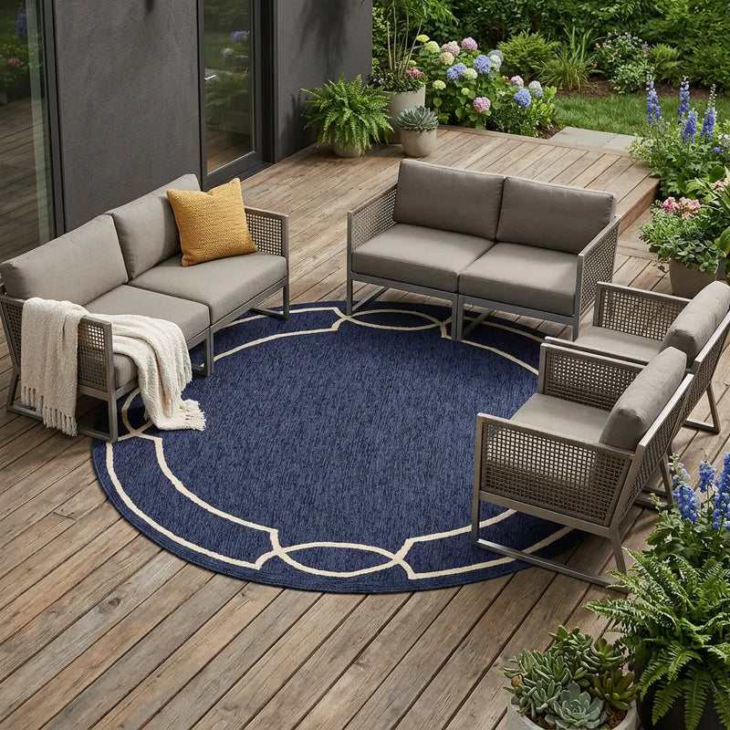 7' Blue And Ivory Round Geometric Handmade Indoor Outdoor Area Rug Homeroots Outdoor