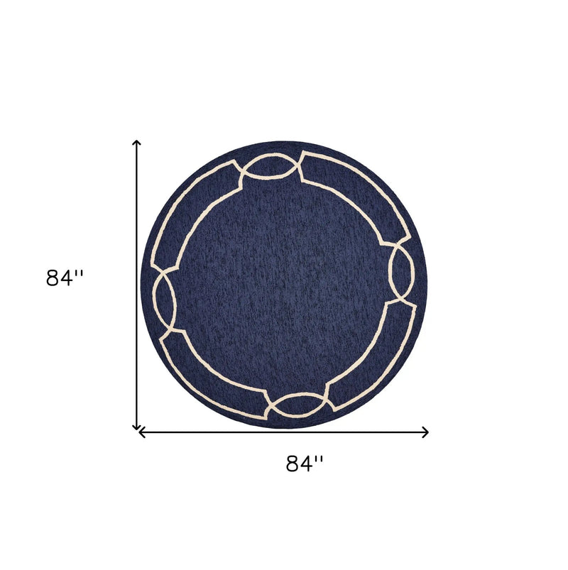 7' Blue And Ivory Round Geometric Handmade Indoor Outdoor Area Rug Homeroots Outdoor