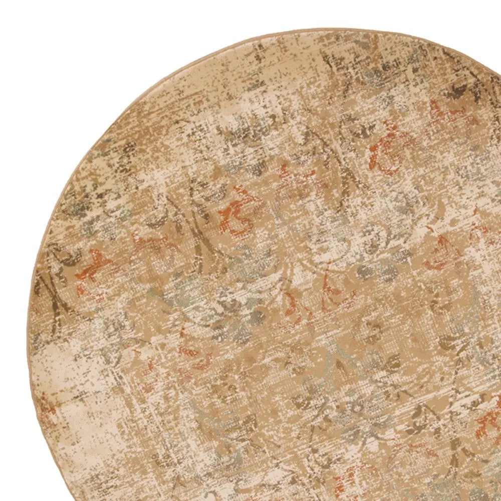 7' Champagne And Beige Damask Round Rug Homeroots Home Decor