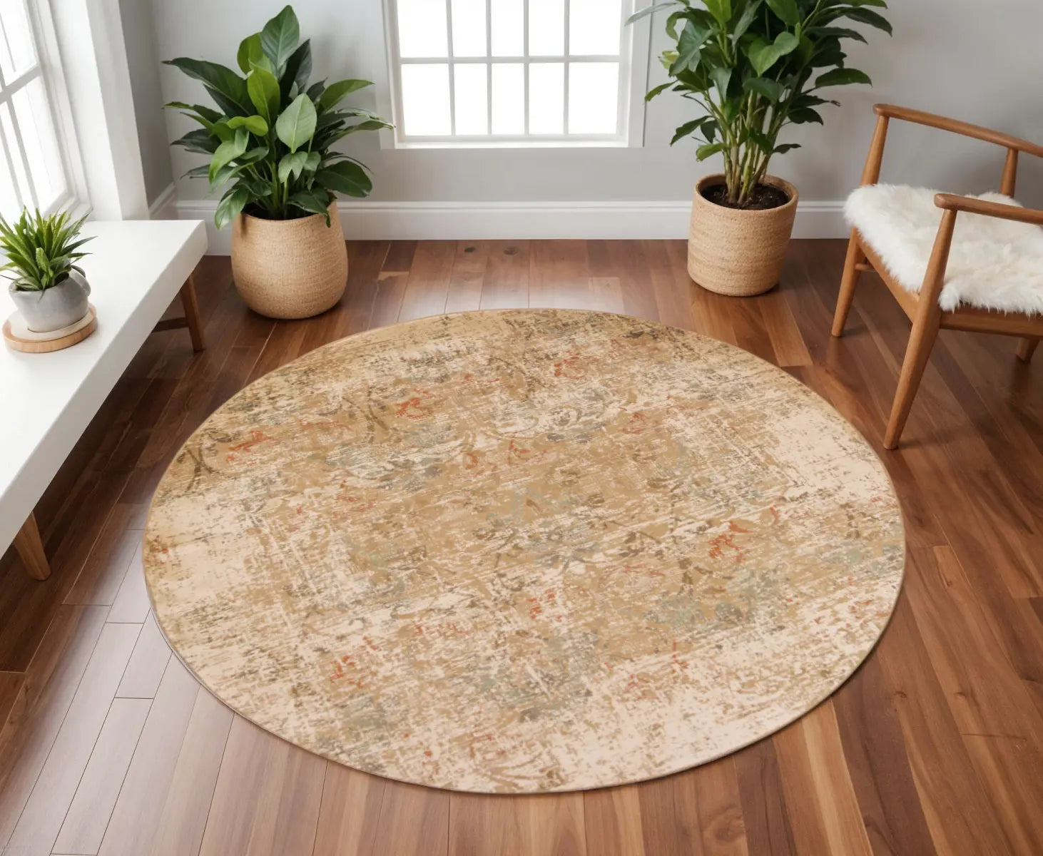 7' Champagne And Beige Damask Round Rug Homeroots Home Decor