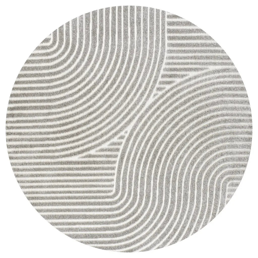 7' Gray And Ivory Round Striped Indoor Outdoor Area Rug Homeroots Outdoor