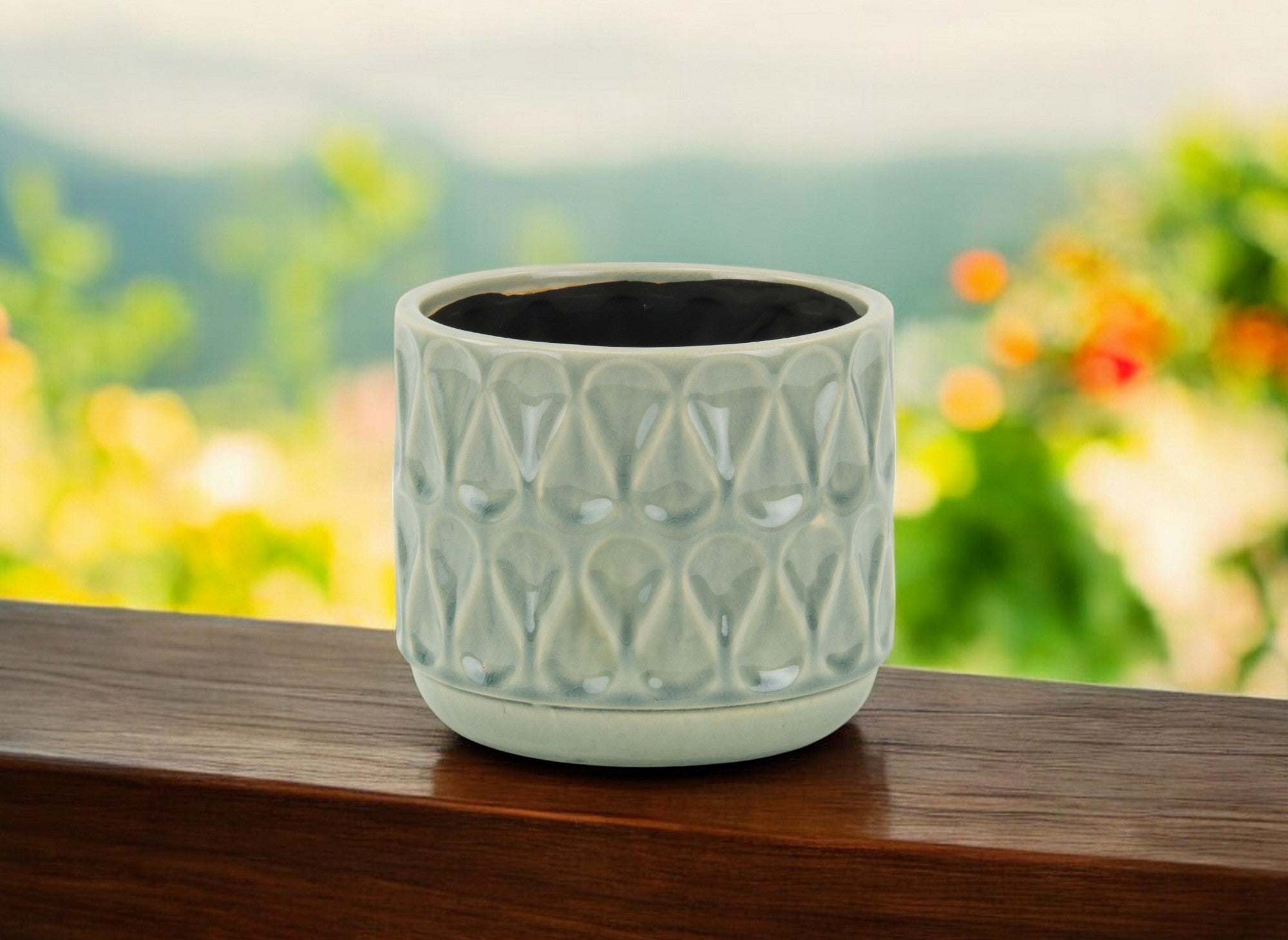 7" Green Geometric Ceramic Indoor Outdoor Round Pot Planter - GreatEagleInc