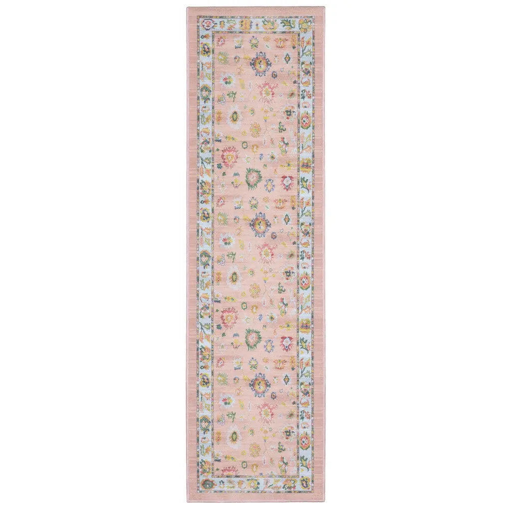 7' Pink And Blue Oriental Washable Runner Rug Homeroots Home Decor