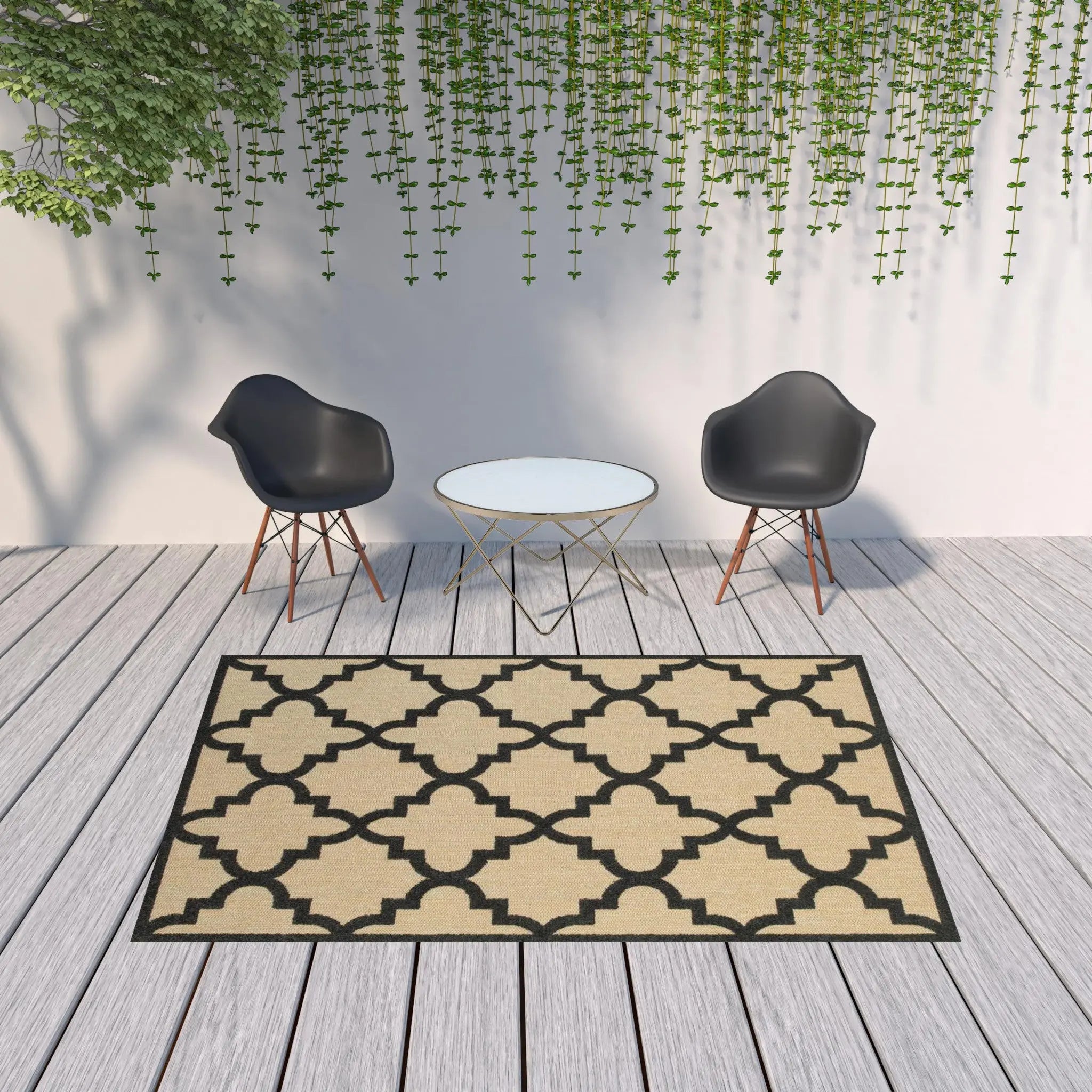 7' X 10' Beige and Black Geometric Stain Resistant Indoor Outdoor Area Rug Homeroots Outdoor