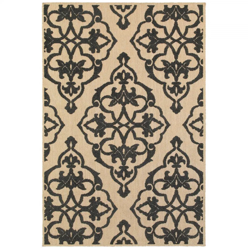 7' X 10' Beige and Black Oriental Stain Resistant Indoor Outdoor Area Rug Homeroots Outdoor