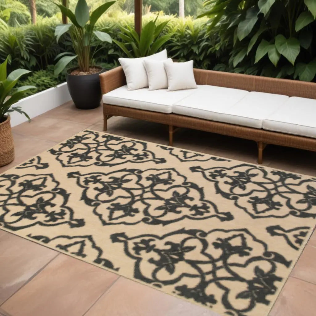 7' X 10' Beige and Black Oriental Stain Resistant Indoor Outdoor Area Rug Homeroots Outdoor