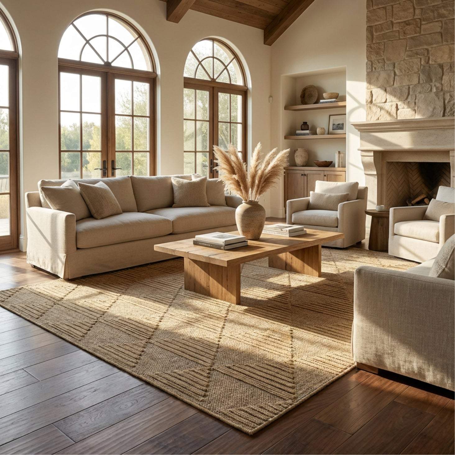 7' X 10' Beige and Brown Geometric Distressed Indoor Outdoor Area Rug - GreatEagleInc