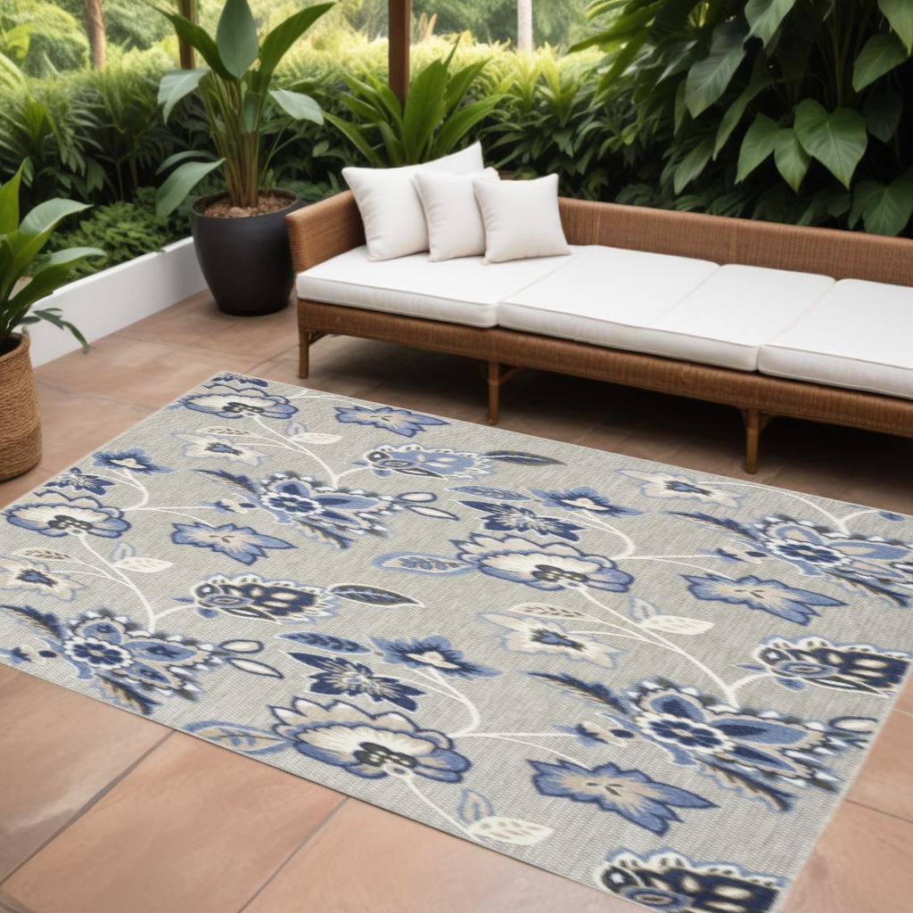7' X 10' Blue And Grey Floral Stain Resistant Non Skid Area Rug Homeroots Outdoor