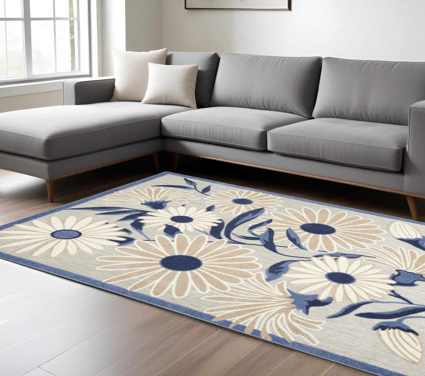 7' X 10' Blue And Grey Floral Stain Resistant Non Skid Area Rug Homeroots Outdoor