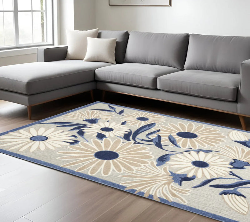 7' X 10' Blue And Grey Floral Stain Resistant Non Skid Area Rug Homeroots Outdoor