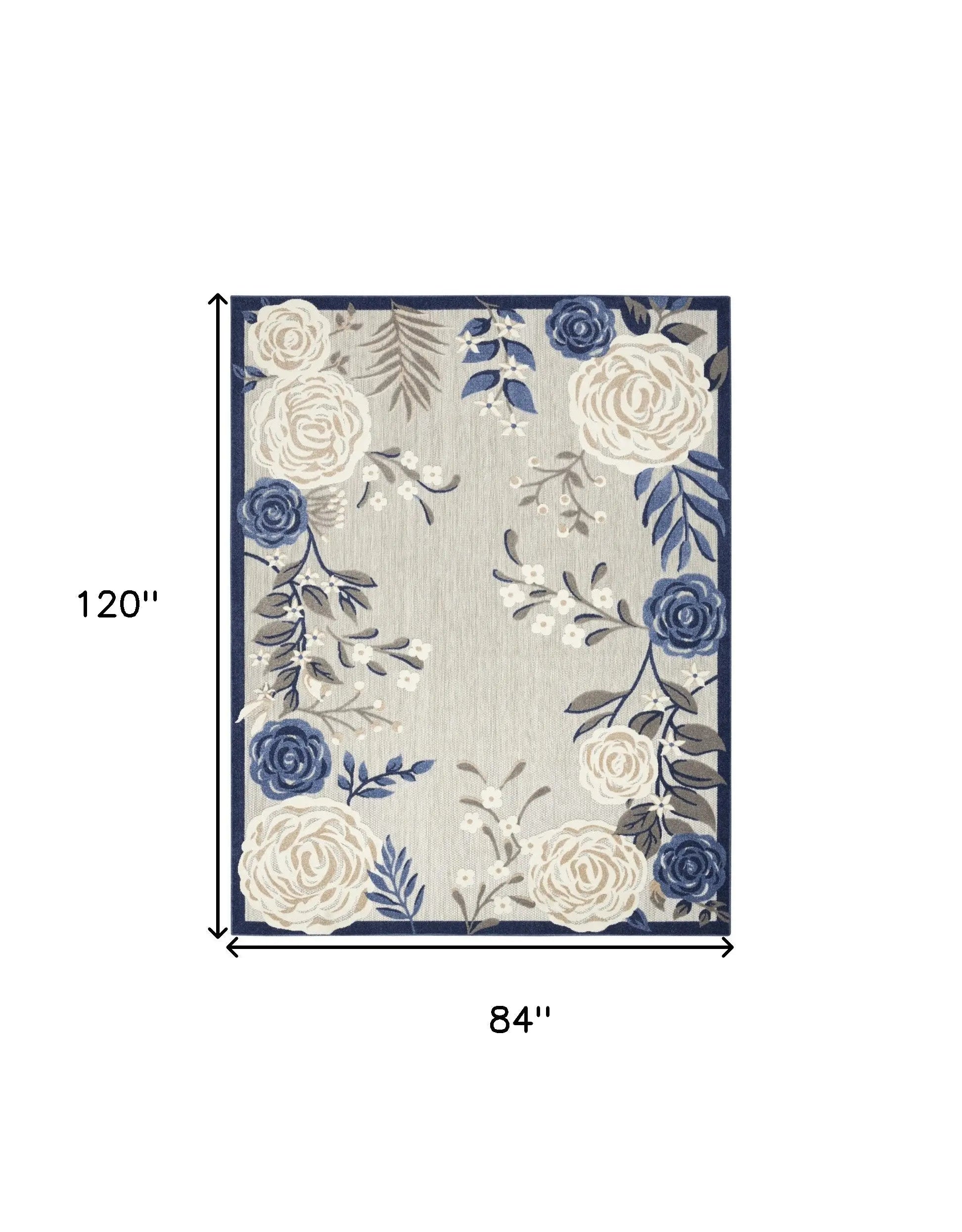 7' X 10' Blue And Grey Floral Stain Resistant Non Skid Area Rug Homeroots Outdoor