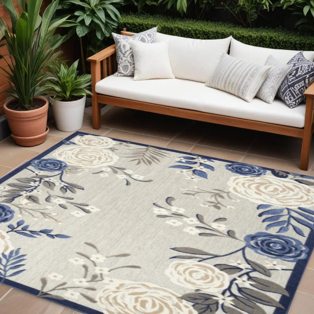7' X 10' Blue And Grey Floral Stain Resistant Non Skid Area Rug Homeroots Outdoor
